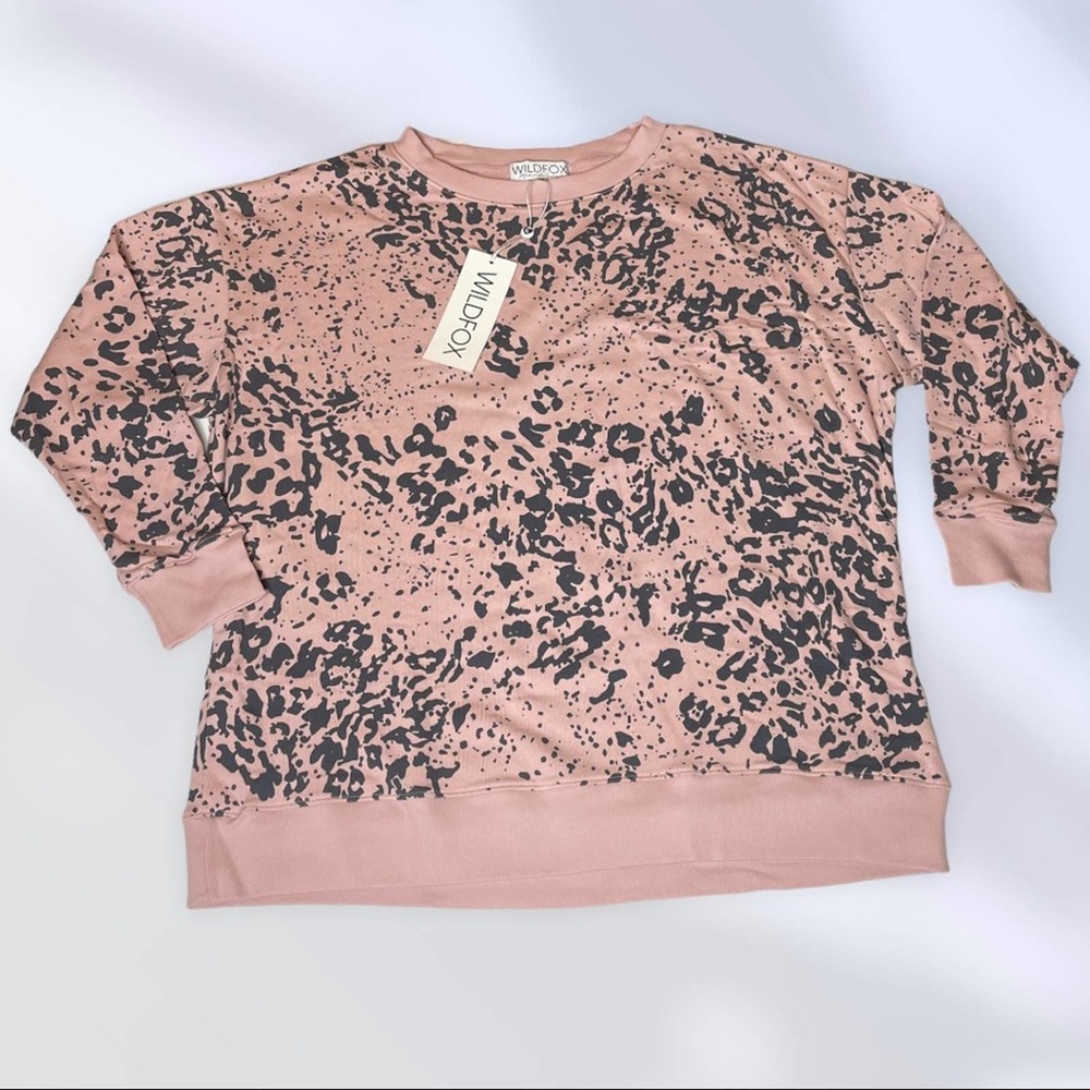 WILDFOX Road trip Jungle Cat Sweatshirt Pink Grey Leopard Print N